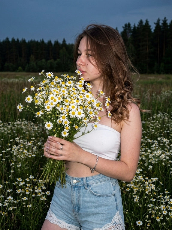 Поясной портрет или кадр по бедра, снятый на Canon G7X в стиле raw photo с лёгким плёночным зерном. Модель стоит вполоборота в огромном поле, густо усыпанном пышными ромашками. Она держит двумя руками очень большой объёмный букет полевых ромашек, прижимая его к лицу так, что лицо частично скрыто цветами и прядями волос. Видна только часть профиля, губы, нос и немного щеки, кадр выглядит живым и непостановочным.

Волосы, слегка развеваются от ветра. Видна естественная текстура кожи и поры, макияж аккуратный и выразительный, без эффекта пластика. 

Образ: белый облегающий топ без бретелей в стиле бандо или корсетного кроя, светло-голубые джинсовые шорты с высокой посадкой, по нижнему краю шорт белая кружевная ажурная отделка. На запястье серебряный браслет, на пальцах несколько тонких колец.

На заднем плане вдали виднеется тёмно-зелёный сосновый лес. Атмосфера тёплого летнего вечера. Освещение тёмное вечернее, модель и букет резко подсвечены жёсткой вспышкой, фон остаётся более тёмным. Фото выглядит как случайный живой кадр: нет идеальной симметрии, нет студийной постановки, натуральная резкость компактной камеры, raw photo, film grain, photorealism.

Какая будет прическа?: Концы волос закручены в мягкие воздушные локоны