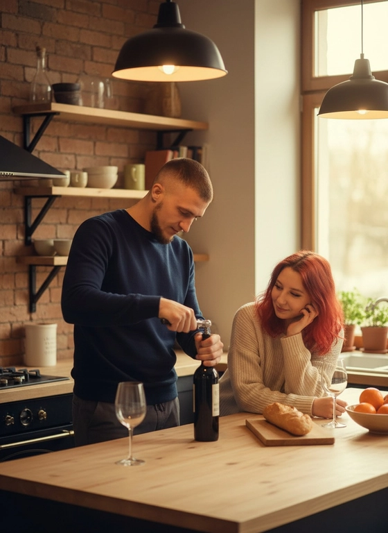 Запрос:
Используй ДВА загруженных фото: мужчина и женщина. Не изменяй лица исходных фото (черты, пропорции, возраст, мимику). Сохраняй естественные телосложения. Очки и аксессуары сохраняй только если есть на исходниках. Делай реалистичную перспективу и тени, избегай «пластиковости». Создайте изображение уютной кухни с теплым освещением в высоком разрешении, на котором изображена молодая пара, расположенная в центре на среднем плане, занимающая среднюю треть горизонтально и нижнюю половину вертикально. Мужчина, немного выше, находится слева в трехчетвертном профиле, смотрит как открывает бутылку вина с помощью винного штопора в правой руке, а левой крепко держит бутылку. Его правая рука вытянута горизонтально, параллельно светлому деревянному столешнице. Женщина, немного ниже, справа, рукой уперев...

