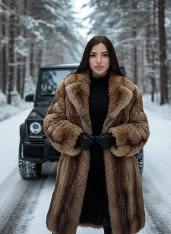 Создай, не меняя черты лица. Реалистичный снимок, высокая детализация лица, кадр на заснеженной лесной дороге при холодном мягком зимнем освещении, подчёркивающем контраст суровой природы и гламура.  
Портретная съёмка. Женщина стоит у машины, смотрит в камеру. На ней чёрный облегающий комбинезон с длинными рукавами и высоким горлом, длинная, объёмная, натуральная меховая шуба коричневого цвета с фактурой, руки перед собой. Свет и тени акцентируют линии тела и стройность позы, мощная машина на фоне сочетает индустриальную холодность с природной суровостью. Снег покрывает землю, создавая контраст тепла меха и мороза, придавая атмосфере таинственность и силу. Цвета — приглушённые тёмные и естественные с акцентом на чёрное и коричневое, как кадр из кинематографичного модного фотопроекта, фотореалистичное, высокая текстурная детализация, 4К. Сзади автомобиль Mercedes‑Benz G 63 AMG