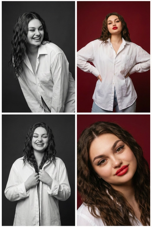 Коллаж из четырёх студийных портретов одной женщины, расположенных в сетке 2×2. Не меняй внешность, цвет и текстуру волос. Все кадры сняты в модном editorial-стиле. Образ — естественная красота, лёгкая небрежность, живые эмоции.
Женщина имеет естественный макияж с акцентом на красные губы. На ней белая очень свободная рубашка мужского кроя на несколько размеров больше, частично расстёгнутая, подчёркивающая линию декольте. В отдельных кадрах она слегка придерживает рубашку руками.
Эмоции и позы:
Верхний левый кадр — чёрно-белый, она наклоняется вперёд, смеётся, взгляд в сторону, живой момент.
Верхний правый — цветной, красный студийный фон, руки на бёдрах, уверенный фэшн-портрет. Снято с нижнего ракурса. Видно часть ее светлых джинс.
Нижний левый — чёрно-белый, она смеётся с закрытыми глазами, держит рубашку у груди, расслабленная поза.
Нижний правый — цветной, крупный портрет, легкая улыбка, слегка наклонила голову в сторону, тёплая улыбка, акцент на губах.
Фон: для цветных кадров — глубокий красный студийный фон, для чёрно-белых — нейтральный тёмный фон.
Освещение: мягкий студийный свет, подчёркивающий текстуру кожи, волосы и складки рубашки. Без жёстких теней.
Композиция: кадры слегка разные по ракурсу, создают ощущение живой съёмки backstage.
Стиль: fashion editorial, lifestyle, natural sexy, cinematic soft light, analog photo vibe, magazine photoshoot, ultra realistic, high detail, skin texture visible, 8k.

Волосы распущены и уложены в объемную естественную укладку