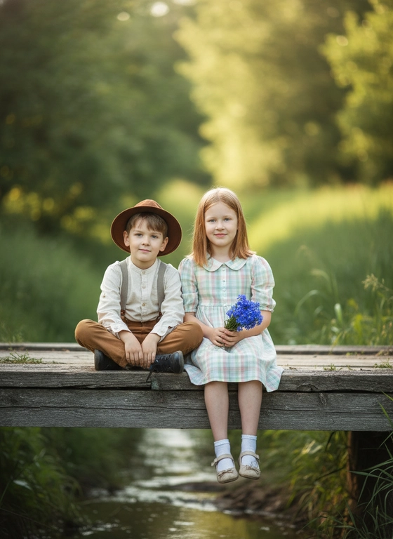 Фотография в стиле деревенской идиллии, вероятно, кадр из детской фотосессии.

Двое детей сидят на старом деревянном мостике, перекинутом через что-то, похожее на небольшой ручей или канаву. Мостик выкрашен в серый цвет, видны следы времени и потертости. На заднем плане размытый зеленый фон листвы, создающий мягкий и нежный эффект боке. Атмосфера спокойная и умиротворенная.

Мальчик 7 лет одет в светлую рубашку с закатанными рукавами, коричневые брюки и подтяжки. На голове у него коричневая шляпа с темной лентой. Он сидит, скрестив ноги.

Девочка 11 лет одета в клетчатое платье в пастельных тонах. В руках она держит букет ярко-синих цветов. Дети сидят очень близко друг к другу. Общая цветовая гамма мягкая, приглушенная, с акцентом на зеленый, коричневый и синий цвета.
Внешность детей сохранить.