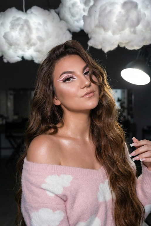 Крупный план лица девушки в стиле «высокой моды». Элегантный макияж глаза с длинными острыми нежно розовые двойные изогнутые стрелки, длинные густые ресницы эффект лучики, нижние густо ресницы накрашены белым и белый каял карандаш на нижнем веке белый Хайлайтер во внутренних уголках и скулах. Губы слегка приоткрыты в легкой ухмылке в легком блеске. Голова наклонена в сторону. На ней пушистый дорогой кашемировый нежно розовый свитер с белыми облаками плечи открыты.
За ней свисают объемные пушистые облака из ваты подсвеченные белым изнутри. Тело и декольте подсвечены хайлайтером и шиммером. Высокая детализация текстур кожи, одежды и волос. Черты лица-полностью сохранены как на референсном фото.
Ногти френч квадрат длинные.
На фоне светлая большая бьюти студия, вокруг темно, ее лицо освещено яркой лампой.  Волосы очень длинные блестящие прическа пляжные локоны. Локон волос падает на лицо 