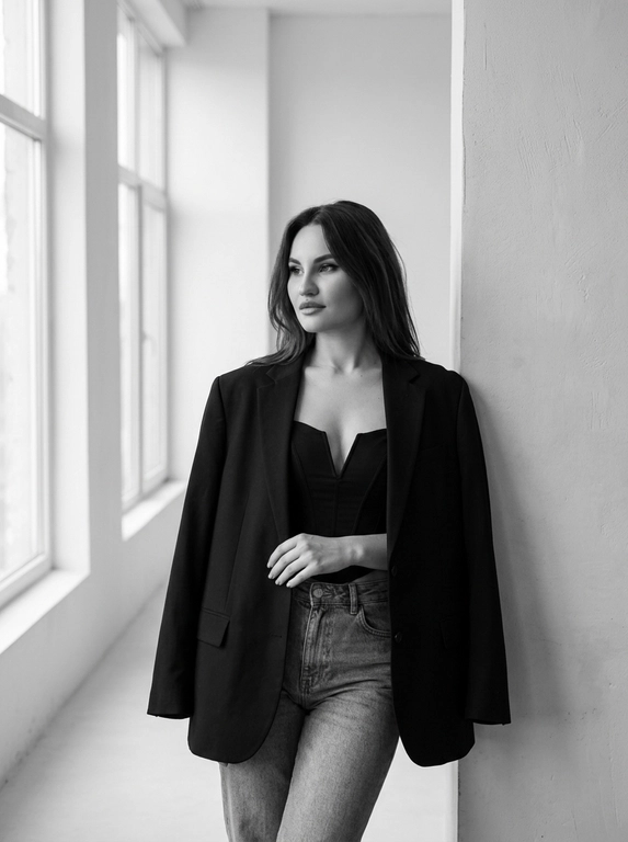 Женщина слегка наклонилась к стене в углу комнаты. Сохрани лицо и черты лица с оригинального фото. На ней надет большой чёрный пиджак, накинутый на плечи, и чёрный лаконичный топ-корсет с V-образным вырезом. Женщина стоит, смотря в сторону окна вдаль, выражение лица спокойное и уверенно задумчивое. Она слегка опирается на стену, положив руку на пиджак. Комната светлая, с большими окнами слева, пропускающими естественный свет. Общая атмосфера спокойная и стильная, подчёркивающая элегантность и минимализм. Положение женщины в кадре — справа от центра. Освещение мягкое, естественное, создающее ощущение минимализма и простоты. Фотография выполнена в чёрно-белом стиле, подчёркивающем контрасты и текстуры. Атмосфера спокойная, элегантная и немного загадочная. Максимально близкий ультрареалистичный 8K портрет.