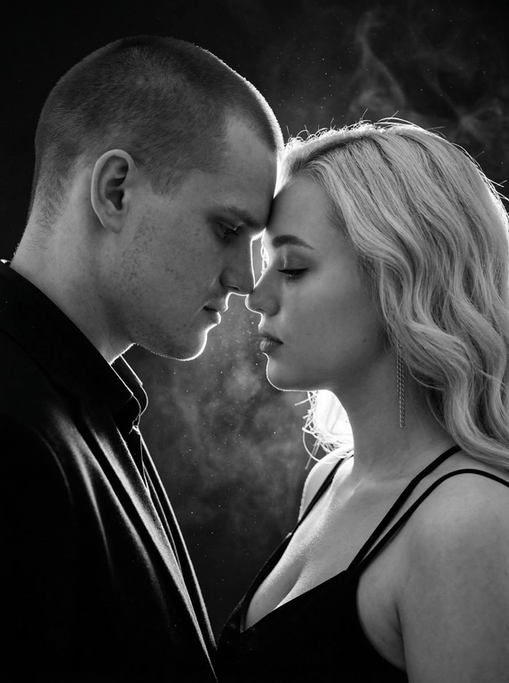 Фотореалистичный чёрно-белый кинематографичный портрет пары в тёмной студии. Сохранить внешность по загруженным фото: черты лица, пропорции, возраст, форму глаз/носа/губ, текстуру кожи и естественную мимику — без идеализации и изменений.
Крупный план по пояс, профиль к профилю. Мужчина слева, женщина справа. Они стоят очень близко, лбы и кончики носов почти соприкасаются, момент «перед поцелуем». Взгляд опущен (не в камеру): он смотрит вниз/на её губы, она закрывает глаза или смотрит вниз, выражение тихое и нежное. Между ними минимальная дистанция, без улыбок, атмосфера интимная и спокойная.
Мужчина в тёмной рубашке/пиджаке. Женщина в чёрном платье/топе на тонких бретелях, открытые плечи, серьга-цепочка, кожа с естественным бликом.
Свет: жёсткий контровой/рисующий свет сзади и чуть сбоку (rim light), сильная световая окантовка по волосам и профилям, передняя часть лица в мягкой полутени. В воздухе видны мелкие пылинки/частицы, подсвеченные контровым светом, лёгкий кинематографичный дым/хейз (очень деликатно). Фон полностью чёрный, без деталей.
Оптика/съёмка: 85mm, f/1.8-2.2, малая ГРИП, резкость на линии нос-лоб, остальное плавно уходит в мягкое боке.
Высокий контраст, глубокие чёрные, яркие хайлайты по волосам, плёночное зерно, лёгкий glow на контуре, без «пластика» и без пересвета на коже.