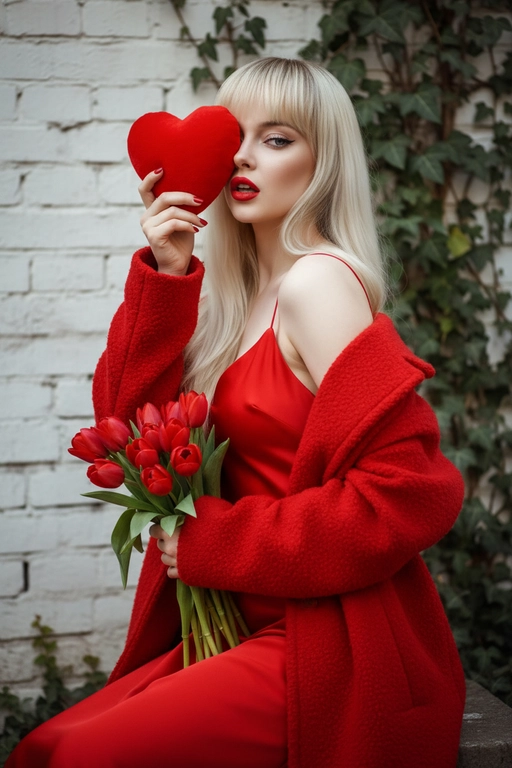 Профессиональная модная фотография в сверхвысоком разрешении, на которой женщина держит большой красный предмет в форме сердца, прикрывающий один глаз, и сжимает букет красных тюльпанов. Максимально сохранить все черты лица, сохраняя точные черты лица по образцу, мягкое естественное боковое освещение слева. нежные тени, портрет в три четверти с небольшим наклоном вверх, элегантное красное платье-комбинация на тонких бретельках под открытым текстурированным красным пальто оверсайз, уверенный игривый взгляд и ярко-красные губы, романтическое настроение, теплая красно-зеленая палитра на фоне белой кирпичной стены, бьюти-снимок из журнала, небольшая глубина резкости, четкий фокус на лице, Сверхдетализированная профессиональная фотография в формате 8K.