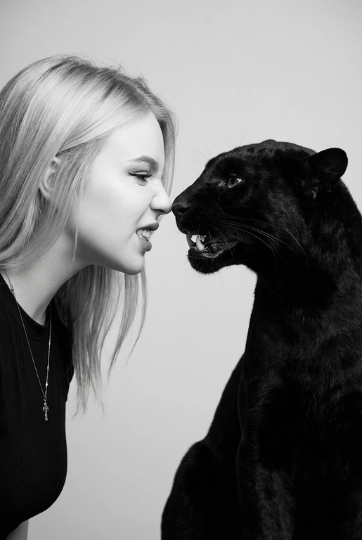 Сделай фото со мной и моим питомцем. Реалистичное фото, с высокой детализацией. Снимок меня и моего питомца в профиль. Фото сделано первым средним планом (Medium CloseUP), в кадре видно часть туловища (с головы до середины груди).
Я стою лицом к своему питомцу в строгий профиль, смотрю прямо на него.
Мой питомец расположен прямо напротив моего лица, также в профиль, смотрит прямо на меня. Наши носы почти соприкасаются. Наши головы могут быть наклонены: например, моя голова наклонена немного вниз, а голова питомца наоборот повыше. Четкая визуальная симметрия между моем лицом и головой моего питомца.
Студийное освещение, мягкий свет, создающий контрастность и скульптурные тени, на самом лице минимум тени. 
 Я и питомец игриво рычим.  Черно-белая фотография. Фон светлый, нейтральный. Вместо питомца пантера