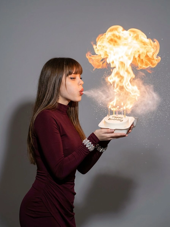 Ультрареалистичная фотография запечатлённого мгновения на день рождения. Лицевые черты, гендер, возрастная категория, мимика, укладка волос и телосложение воспроизводятся строго идентично прилагаемому референсу. Сюжет: человек запечатлён в профиль, в руках — миниатюрный белоснежный бенто-торт с горящими декоративными свечами. человек выдувает изо рта облако белой сахарной пудры в направлении пламени свечей, что провоцирует мгновенную мощную объёмную вспышку пламени (огненный шар). В воздухе над тортом — смешение огня с частицами белой пудры. Нейтральный серый студийный фон, резкая жёсткая тень. Качество 8k, эффект стоп-кадра.

Какой будет наряд?: Наряд: приталенное тёмно-бордовое платье с удлинёнными рукавами, высоким воротом-стойкой, и драпировкой в области бёдер. Украшения: крупные браслеты с кристаллами надеты поверх рукавов.