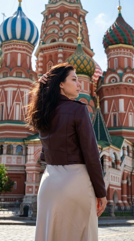 Фотореалистичная атмосферная фотография женщины на фоне Собора Василия Блаженного в Москве. Женщина стоит спиной и боком к камере, корпус развёрнут от объектива, голова повернута в профиль вправо, взгляд направлен вдаль. Одна рука поднята к волосам, пальцы легко касаются прядей у лица.

Волосы слегка развеваются на ветру и подсвечены солнцем.

Макияж soft glam: естественная текстура кожи, мягкий румянец, аккуратные брови, тонкая коричневая стрелка, выразительные ресницы и натуральные пудрово-розовые губы.

На женщине укороченная кожаная куртка глубокого бордово-коричневого оттенка с минималистичным кроем. Низ — длинная сатиновая юбка приглушённого кремового оттенка, мягко ниспадающая по фигуре. Образ сочетает городской характер и более элегантный силуэт.

Собор Василия Блаженного занимает большую часть заднего плана, хорошо читаются красно-белые фасады и разноцветные купола. Женщина расположена в нижней центральной части кадра, архитектура эффектно возвышается над ней.

Камера находится немного ниже уровня плеч и снимает слегка снизу вверх, подчёркивая масштаб собора. Средний план, женщина показана примерно от бёдер.

Яркий солнечный дневной свет. Солнце находится сбоку и немного сзади, создавая золотистый контровой свет по волосам и плечам, естественные блики и мягкие тени на лице.

Чистое голубое небо, лёгкая летняя дымка, натуральная городская атмосфера, высокая детализация архитектуры, реалистичная текстура кожи и волос, лёгкая плёночная обработка, живой travel-fashion кадр без AI-эффекта.