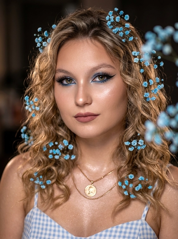 Крупный план лица женщины в стиле «высокой моды». В прядях и по контуру головы вплетены мелкие нежно-ярко-голубые цветы (типа гипсофилы крупного сорта) с тонкими зелёными, еле заметными стебельками; часть цветков попадает в зону боке. Одежда: тонкие светлые бретели и верх с нежным голубым клетчатым / пастельным узором; ткань гладкая, с мягкими складками и лёгкими бликами. Фон тёмный, интерьерный, сильно размытый, без читаемых деталей — создаёт контраст с освещённым лицом. Атмосфера романтичная, весенняя, чувственная, с ощущением тёплого солнечного света. Микродетали: чёткая прорисовка пор, пушковых волосков, бликов хайлайтера, контуринга, отдельных ресниц, мелких цветков и стеблей; мягкий естественный шум, высокая детализация и реалистичность, отсутствие артефактов, естественные цвета кожи. Элегантный макияж: глаза с длинными острыми чёрными стрелками; длинные густые ресницы с эффектом «лучики»; нижние ресницы накрашены; голубые блестящие шиммерные тени на верхнем веке; голубой каял прокрашен на нижней слизистой глаза; хайлайтер во внутренних уголках глаз и на скулах. Полностью прокрашенные матовые губы цвета «пыльная роза», слегка глянцевые; губы немного приоткрыты в лёгкой ухмылке; лёгкий блеск и светло-коричневый карандаш по краям. Голова смотрит прямо; локон волос падает на лицо. Тело и декольте подсвечены хайлайтером; на шее кулон. Высокая детализация текстур кожи, одежды и волос. Черты лица полностью сохранены как на референсном фото. На фоне — светлая большая бьюти-студия; вокруг темно, лицо освещено яркой лампой, 8K, белый фон без лишних элементов. Гиперреализм.


Какая будет прическа?: Волосы очень объёмные, длинные, блестящие; причёска — пляжные локоны.