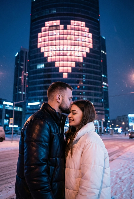  Создай не меняя черты лица. Романтический снимок пары, стоящей на заснеженной городской улице поздним вечером. Главный объект – крупный план пары: мужчина в черной кожаной дутой зимней куртке нежно целует женщину в белой дутой куртке в лоб, она стоит с прикрытыми глазами, улыбаясь. За ними возвышается массивный современный жилой небоскреб, на фасаде которого окна на нескольких этажах подсвечены ярким  светом, формируя огромное пиксельное сердце. Освещение драматичное, контрастное, с преобладанием холодных тонов в небе и тёплого, неонового розового свечения от здания. Снег на земле отражает свет. Урбанистическая, зимняя, кинематографическая фотография, атмосферный кадр.

