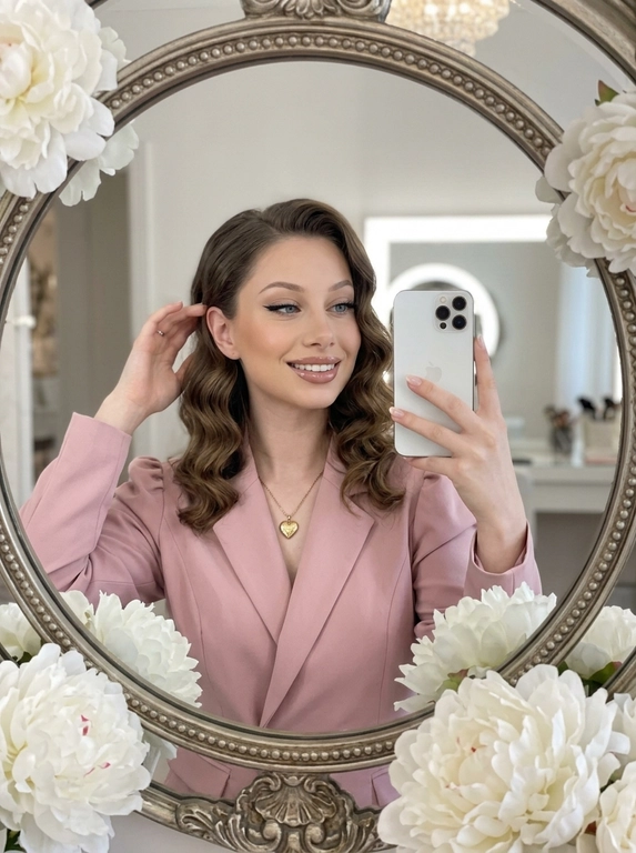 Максимально реалистичное селфи в зеркале в эстетике luxury soft glam. Модель стоит перед круглым зеркалом с изящной рамой, украшенной белыми живыми пионами. Цветы обрамляют зеркало нежно и дорого, создавая ощущение утончённого, премиального кадра. Композиция чистая и визуально собранная: модель находится в центре отражения, кадр выглядит эстетично, дорого и современно.

Поза естественная и уверенная: одной рукой модель держит современный смартфон, второй рукой слегка касается волос, создавая живой и непринуждённый жест. Селфи выглядит не постановочным, а как красивый спонтанный кадр из дорогой life-style съёмки.

Макияж — выразительный soft glam: чёткие чёрные стрелки, длинные пышные ресницы с лисьим эффектом, внутренние уголки глаз подсвечены сияющими тенями. Кожа ровная, ухоженная, с мягким влажным сиянием. Губы подчёркнуты карандашом и покрыты полупрозрачным глянцевым блеском, создающим аккуратный объём.

На модели ее образ выглядит женственно, современно и дорого. 

Смартфон современный, в минималистичном белом матовом чехле. Если нужен более дорогой вайб, без лишнего декора и ярких деталей.

Освещение холодное, мягкое и чистое, как в дорогой beauty-съёмке или premium dressing room. Свет красиво подчеркивает сияние кожи, текстуру ткани, свежесть пионов и блеск украшения. Атмосфера — роскошная, женственная, ухоженная, без дешёвого глянца.

Фотореализм максимальный: высокая детализация кожи, ткани, цветов, аксессуаров и отражения в зеркале. Лёгкий цифровой шум, мягкая резкость, деликатная зернистость, естественная глубина кадра, высокая контрастность, эффект живого фото, без CGI и без искусственного AI-эффекта.

Какая будет прическ?: крупные голливудские волны, мягкий блеск волос, аккуратная укладка на одну сторону.

Какой будет образ на фото? : Элегантный пудрово-розовый жакет с акцентными рукавами-фонариками и глубоким V-образным вырезом. На шее — тонкая изящная цепочка с ювелирным кулоном в форме сердца.