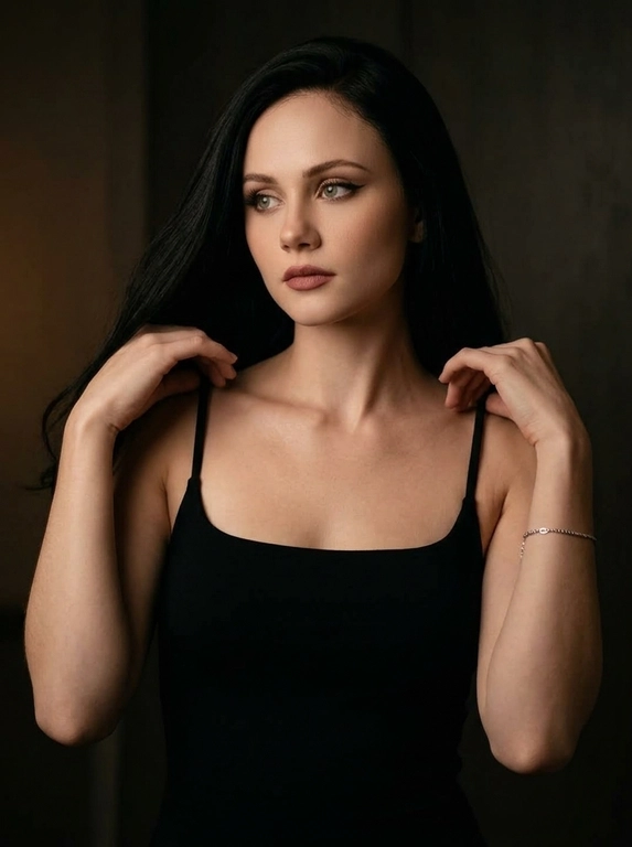 Ultra-realistic cinematic fashion portrait, moody editorial style. Elegant, refined, sophisticated atmosphere. Waist-up shot. A woman in soft low light, both hands raised near the collarbone, fingertips lightly touching the thin straps of her top, elbows relaxed and lowered, shoulders soft. Head slightly turned to the side, thoughtful gaze directed away, calm and confident expression. Long dark hair falling over one shoulder. Evening glam makeup: defined winged eyeliner, full lashes, soft face contouring, dusty-rose matte lipstick. Fitted black sleeveless top with thin straps and a square neckline, matte fabric; delicate silver bracelet on the wrist. Minimalist warm dark-toned interior, plain softly textured background fading into deep shadow, subtle warm light on the wall behind. Low-key lighting, soft warm side light emphasizing the collarbones, shoulder line and cheekbones. Deep cinematic shadows for volume and dramatic mood. 85mm f/1.4, shallow depth of field, focus on the eyes and face, soft background blur. Natural realistic skin texture, visible pores, no plastic retouching.

Какая будет прическа?: Волосы: перекинутые на одно плечо. Текстура волос гладкая и шелковистая, с отдельными тонкими прядями, подсвеченными теплым светом.