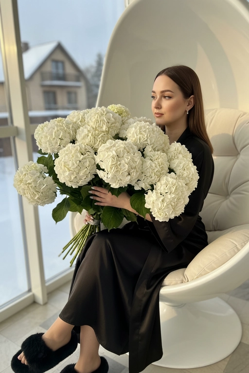 Гиперреалистичная фотография женщины, зима, сидящей полубоком на закрытой веранде с видом на дом в кресле коконе белом и держащей в руках очень большой, пышный букет, состоящий из множества белых цветов — круглых, густых, многоцветковых, с пышными соцветиями и зелеными листьями. Букет объемный, он явно состоит из десятков отдельных гортензий, а не из единого бутона. в ушах маленькие красивые серьги. ногти молочного цвета. Волосы с аккуратной легкой укладкой. 
На ней халат шелковый как кимоно в пол на ногах пушистые тапки.
Ее макияж выполнен в стиле мягкого глэма: сияющая кожа. Она позирует в полупрофиль.
Золотистый естественный свет проникает сбоку, отбрасывая резкие, но мягкие тени на складки ткани . Цвет халата - черный, цвет тапок - черный 