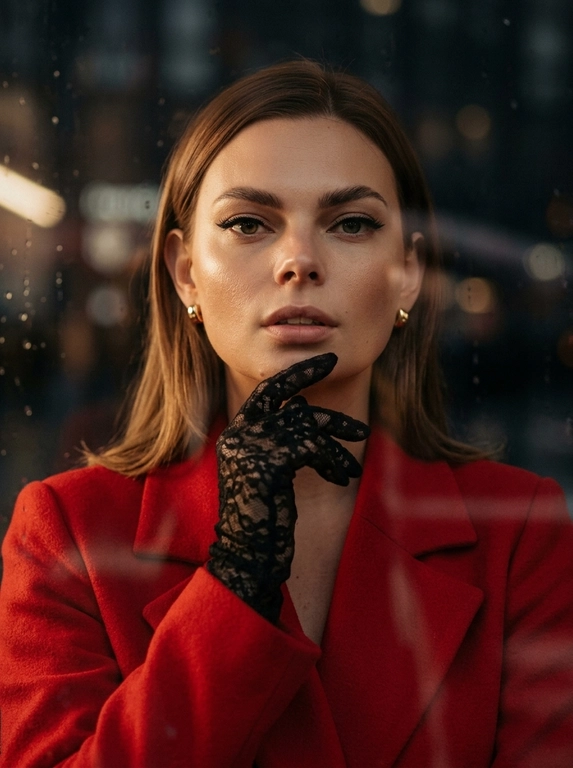 Фотореалистичный fashion-портрет женщины.
Элегантная, уверенная, кинематографичная съемка в стиле high fashion editorial.
Крупный портрет по грудь, легкий поворот корпуса, взгляд прямо в камеру, слегка приоткрытые ярко-красные губы, выразительный макияж с черной стрелкой eyeliner.
На ней ярко-красное пальто с плотной тканью и аккуратным кроем, образ роскошный, дерзкий и женственный.
Одна рука в черной кружевной перчатке поднята к лицу, пальцы слегка касаются подбородка и губ, создавая изысканную позу.
Украшения минимальные, небольшие элегантные серьги.
Съемка через стекло или окно, на переднем плане мягкие размытые отражения и легкие полосы стекла, как у уличной модной фотографии.
Фон темный, размытый, с мягким боке и атмосферой города, но без отвлекающих деталей.
Освещение мягкое, теплое, контрастное, с красивыми тенями на лице, skin glow, естественная текстура кожи, дорогой журнальный стиль.
Цветокоррекция: теплые глубокие оттенки, акцент на красный цвет пальто и губ, благородные темные тени, cinematic mood.
Фото выглядит как дорогая съёмка для модного журнала, ultra realistic, high detail, sharp focus on face, shallow depth of field, 85mm portrait lens, soft film grain, luxury editorial aesthetics.
Негативный промпт
искаженное лицо, другая личность, лишние пальцы, лишние руки, деформированные губы, кривые глаза, плохая анатомия, мультяшность, пластик, чрезмерная ретушь, низкое качество, размытое лицо, шум, пересвет, артефакты, лишние украшения, лишний фон, неестественная кожа, плохой макияж, кривой нос, неправильные пропорции, двойное лицо

Какая будет укладка?: Волосы прямые чуть ниже плеч

Доп. характеристики: В ушах серёжки гвоздики, губы натуральные без помады, в худи