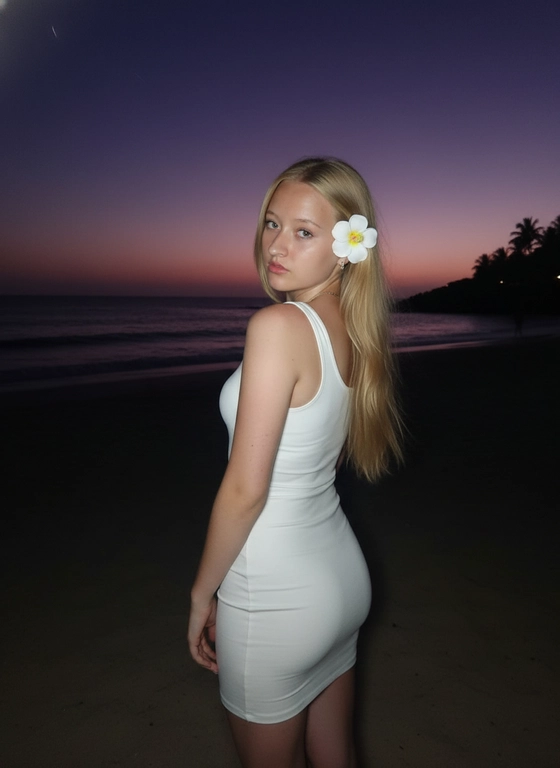 Сделай фото, будто я на пляже, где темно, но кто-то сфотографировал меня со вспышкой, и мое лицо немного блестит и светится, заднем плане закат, как будто солнце село на 98%, оставив фиолетовый оттенок, и само по себе почти темно. Фото сделано из-за моей спины, как будто  мне сказали, повернуться. Я в белом облегающем платье с цветком, заправленным в волосы. Волосы должны развеваться так, как будто дует слегка ветер.