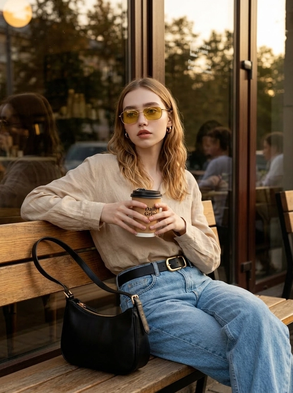 Модный снимок, сделанный на улице возле кафе. Женщина сидит на скамейке, облокотившись на спинку. В руках у неё бумажный стаканчик. На скамейке рядом с ней стоит чёрная кожаная сумка. Одета в просторные джинсы, затянутые чёрным ремнём с золотой пряжкой, На лице надеты солнцезащитные очки в стиле ретро с жёлтыми линзами, в ушах небольшие серьги-кольца. Сохранить черты лица.
Фото выполнено в тёплых тонах. На заднем плане виднеется фасад кафе с отражением деревьев в стеклянных дверях и окнах. Атмосфера непринужденная и стильная.

Какая будет блузка?: Свободная блузка и длинные рукава.