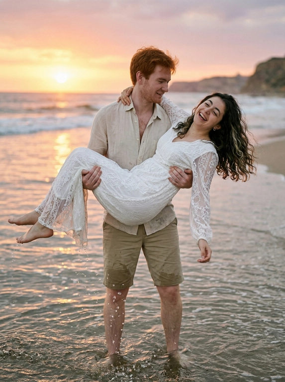 Это романтичный кадр, возможно, из свадебной фотосессии или просто фотосессии пары. Действие происходит на морском побережье во время заката. Общая атмосфера мягкая, теплая и нежная. Цветовая гамма теплая, с преобладанием оттенков бежевого, песочного и золотистого, отражающих закатное солнце и цвет песка.

Мужчина стоит в воде, которая доходит ему примерно до колен. На нем надета светлая рубашка с коротким рукавом, частично расстегнутая, и светлые шорты. Он держит на руках женщину, одну руку он подложил ей под спину, а второй держит под коленями. Его поза расслабленная, но крепкая, он смотрит вниз.

Женщина лежит на руках мужчины,  откинувшись назад. На ней надето легкое,  белое платье с длинными рукавами. Её поза непринужденная, руки свободно свисают вниз. Волосы распущены и свободно ниспадают вниз. Кажется, что она смеется или улыбается. Вокруг них брызги воды, создающие динамичный эффект.