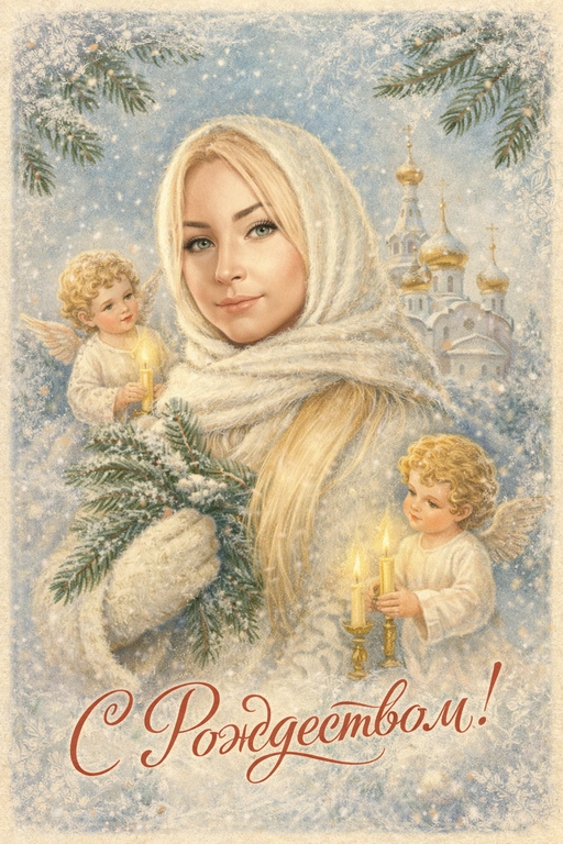 Создай винтажную рождественскую открытку со всеми людьми или одним человеком из предоставленных фотографий. Стиль - советские сказочные открытки 1950-1970-х годов, мягкая живописная иллюстрация, ощущение тепла и уюта. Композиция и формат: • Персонажи остаются в центре композиции • Фон - православная церковь, зимняя сказочная атмосфера Лица: • Лица сохранить максимально похожими на оригинальную фотографию (one-to-one likeness) • Без изменения черт лица, возраста и эмоций • Реалистичное сходство, аккуратная художественная стилизация без искажений. Одежда и образы: • Заменить современную одежду на старинную зимнюю советскую одежду. Если человек- женского пола , то добавь белый платок на голову. ⁠ Декор и детали:  • Хвойные ветки • ангелочки в сказочном стиле, церковные свечки • Лёгкий снег, морозные узоры Цвет и атмосфера: • Светлая, зимняя, мягкая цветовая палитра • Пастельные оттенки, эффект старой бумаги, легкое зерно • Сказочное, теплое новогоднее настроение  • Шрифт - изящный, рукописный, сказочный, в стиле советских открыток. Надпись: «С Рождеством!»