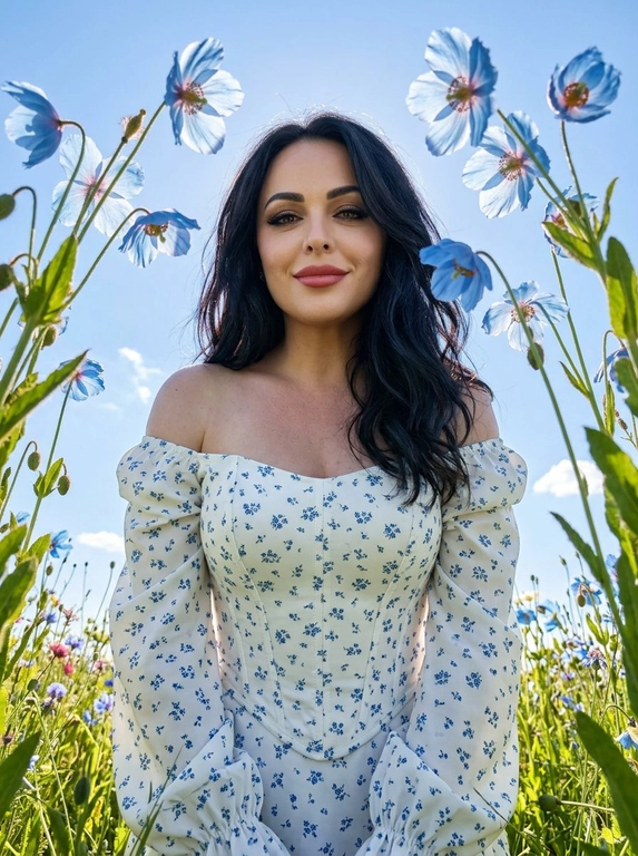 Создай портрет, не меняя черты лица. Экстремальный нижний ракурс (взгляд «из травы»), направленный вертикально вверх на женщину. Цветы тянутся к центру, свет проходит сквозь лепестки (эффект подповерхностного рассеивания). Женщина в белом корсетном топе с длинными рукавами-фонариками и открытыми плечами. Весь корсетный топ — в мелких голубых цветочках. На лице нежная улыбка. Акцент на деталях и коже: кожа детализированная. ISO 100 для отсутствия шумов, выдержка 1/2000 сек. Стиль National Geographic, мода. Гиперреализм, разрешение 8K.


Какие будут цветы?: Она окружена луговыми полевыми голубыми цветами — видны зелёные стебли. голубого цвета, слегка напоминают маки.