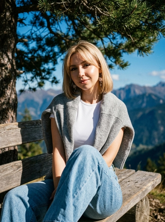 Экстремально крупный план по пояс. Модель днём сидит на лавочке под деревом на горе. Одета в короткий белый топ и светлые джинсы оверсайз, на плечи накинут серый свитер. Фото слегка смазанное. Кинематографический эффект с добавлением зерна. С лёгкой улыбкой. Кожа идеальная, подсвеченная. Не меняй черты лица. Фото затемнено.