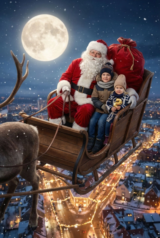 Сгенерируй изображение. Волшебная рождественская сцена в ночном небе. Дед Мороз в классическом красном костюме с белой меховой отделкой сидит в традиционных санях, запряжённых одним оленем (видна передняя часть оленя). За спиной у Деда Мороза большой красный мешок с подарками. Рядом с ним сидит ребёнок или несколько детей в тёплой зимней одежде: куртка, шарф, варежки, зимняя шапка. Количество детей зависит от приложенных фотографий. Не меняй внешность, возраст и гендер. Сани парят высоко над ночным городом. Внизу — огни праздничного города, украшенные улицы и дома. На фоне — большая полная луна, идёт лёгкий снег. Атмосфера сказочная, тёплая и семейная, ощущение новогоднего чуда, кинематографичный стиль, мягкое освещение, высокая детализация.