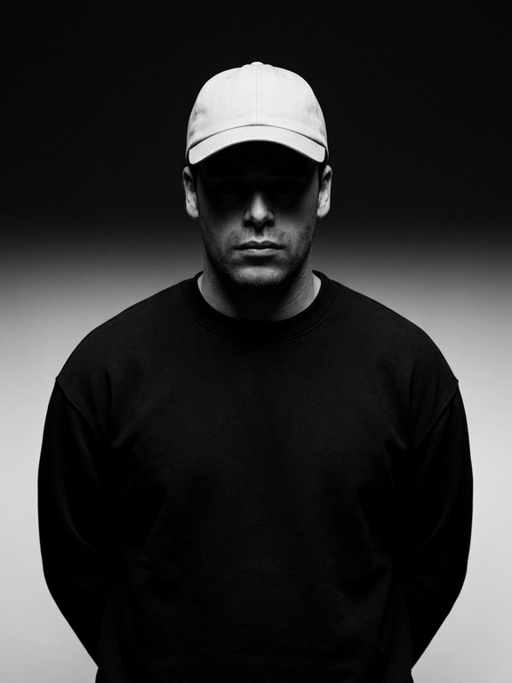 Create a hyper-realistic black and white cinematic portrait of a mysterious person standing front-facing, centered in the frame. Shoulders relaxed, body straight, hands hidden behind the back or body, head slightly lowered, looking forward with a serious and mysterious expression.

The face is mostly hidden in deep shadow beneath a light-colored cap, with only the nose bridge, lips, cheek edges, and lower facial structure faintly visible. Preserve completely natural facial proportions and realistic skin texture.

Keep a simple dark oversized sweatshirt / crewneck silhouette and a naturally fitted light-colored cap. Remove all readable text and brand logos.

Use dramatic high-contrast studio lighting with a strong top-front cap shadow, bright highlight on the cap, dark facial silhouette, and deep black clothing. Background should transition from deep black at the top into a soft gray-white gradient behind the shoulders.

70–85mm portrait lens, eye-level camera angle, cinematic shadows, intense monochrome contrast, subtle vintage film grain, realistic texture, editorial fashion photography, dark mysterious atmosphere, ultra-photorealistic, sharp details.

No readable text, no logos, no colorful elements, no extra accessories, no distortion, no artificial skin, no CGI or cartoon effect.