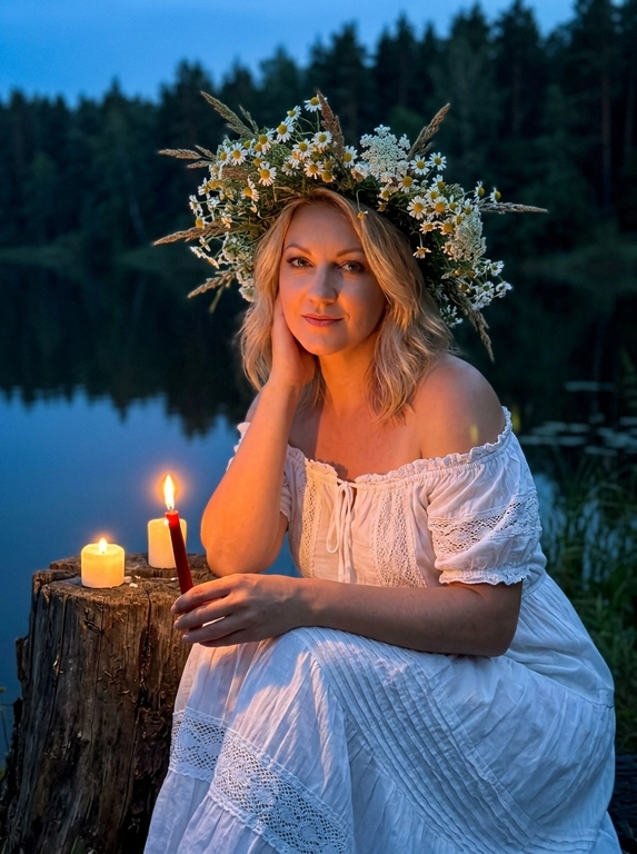 Ultra-realistic Ivan Kupala night atmosphere near a calm lake at twilight. Woman sitting beside an old tree stump near the water, body slightly leaning forward in a dreamy relaxed pose, one arm resting naturally over the knee, the other delicately holding a thin burning red candle beside another candle on the stump. White off-shoulder vintage peasant dress with lace details and soft fabric folds. Hair styling only: soft natural styling with loose face-framing strands. Large realistic wildflower crown made of chamomile flowers, meadow grass and white blossoms. Dark forest and calm lake behind, warm candlelight illuminating the face and hands, deep blue twilight shadows, mystical summer night mood. Shot on iPhone night mode, realistic low-light grain, lowered exposure, no flash, no blur, no bokeh, everything sharp and in focus.