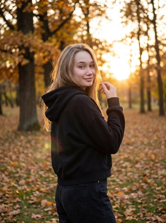 Фотореалистичная lifestyle-фотография женщины на улице в парке в осенний сезон. На заднем плане крепкие деревья, с которых уже начинает осыпаться листва. На горизонте мягкое яркое сияние рассвета или заката, создающее тёплую атмосферу и красивую естественную подсветку.

Стиль фотографии — модный уличный кадр с эффектом живой фотосессии, снятой на естественном свете. Основная палитра строится на тёплых оттенках закатного неба, осенней листвы и контрасте тёмной одежды. Атмосфера спокойная, лёгкая и немного мечтательная.

Женщина стоит в пол-оборота к камере, корпус слегка развёрнут в сторону, голова повернута назад через плечо. Она смотрит в камеру с лёгкой мягкой улыбкой. Одна рука слегка приподнята и находится рядом с лицом, поза выглядит естественной, расслабленной и непринуждённой, без ощущения постановки.

Волосы слегка развеваются от воздуха.

На женщине  Свободный чёрный укороченный худи с капюшоном, который мягко прикрывает часть шеи и плеч. Образ casual, простой, расслабленный и стильный, хорошо контрастирует с тёплым осенним светом.

Кадр снят немного дальше: женщина показана примерно до верхней части бёдер, чуть ниже линии ягодиц, чтобы лучше читались поза и силуэт. Композиция сохраняет акцент на лице, выражении и атмосфере, но даёт больше воздуха и пространства вокруг.

Освещение полностью естественное, мягкое и тёплое, с деликатным свечением от заката или рассвета. Фотография выглядит как дорогой, но живой кадр для Pinterest или социальных сетей: реалистичная текстура кожи и ткани, без глянцевой ретуши, без эффекта пластика, без ИИ-сглаживания.