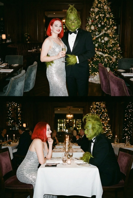 Создай 2 фото, одно под другим. У всех фото фон - темный, дорогой ресторан, видна рождественская елка. Снято на пленочный фотоаппарат, зернистость. Атмосфера ретро, 90-е годы. Верхнее фото: Женщина изящно позирует в серебристом блестящем вечернем платье с бокалом в руке, рядом со ней стоит Гринч в смокинге и приобнимает ее за талию. Нижнее фото: ракурс боковой, женщина и Гринч сидят друг на против друга за столиком в ресторане, женщина в серебристом блестящем вечернем платье, Гринч в смокинге. Живое фото, женщина томно улыбается, он смотрят друг другу в глаза. Не меняй внешность человека, не добавляй никаких рамок и расстояний между фото.