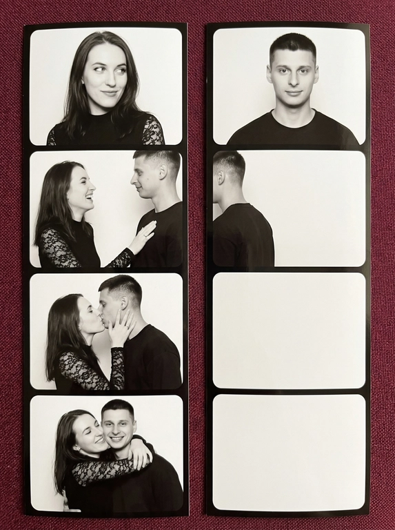 A girl and a man exactly as in the reference photo, faces, features, oval face, shape of eyes, nose, lips, eyebrows, hairstyle — everything is absolutely identical to the reference photo\. The girl is exactly like in the reference photo\. The man is exactly like in the reference photo\. Girl: beautiful studio makeup, loose shiny hair, dressed in a tight black top with lace sleeves and a high collar\. Man: wearing a black oversized T\-shirt\. Two vertical photographic films from the photo booth next to each other on a maroon fabric background\. The films are located very close, with a narrow burgundy gap between them\. The smooth white edges of each film are visible, the corners of the frames are rounded\. Everything is black and white with a light warm sepia shade, soft film grain\. Left film, 4 frames from top to bottom: Frame 1: The girl is alone, a close\-up of her chest, her head slightly turned to the right, a flirtatious smile, a glance to the side\. White background\\\. Frame 2: A girl and a man are facing each other\. The girl on the left, laughing, touches his chest with her hand\. The man on the right is turned towards her, his figure goes beyond the edge of the frame into the right\-hand film\. White background\\\. Frame 3: A girl and a man kissing\. The girl on his left, her hand on his cheek\. The man's figure is cut off by a gap — it continues in the right film\. White background\\\. Frame 4: A girl hugs a man from behind, pressed her cheek against his cheek, her arms wrap around his neck\. Both are smiling broadly\. The figure of the man goes into the right film\. White background\\\. Right film, 4 frames from top to bottom: Frame 1: A man alone, close\-up to his chest, looking directly at the camera, a calm half\-smile\. White background\\\. Frame 2: Continuation of the scene from the left frame 2 — the man's back and shoulder are visible in profile, he is turned towards the girl\. Most of the frame is an empty white background\. The feeling of a random frame from a photo booth\. Frame 3: An empty white frame with rounded corners\. Frame 4: An empty white frame with rounded corners\. The arrangement of people in one\-on\-one frames as in the \\\-reference\\ photo\. Each frame is unique, not a single frame is repeated\. The girl and the man are exactly like in the reference photo\. The photo was taken on a Canon camera with a flash\.
Negative promt: Repeating identical frames, duplicating the same scene, copies of frames, identical photos in different windows, clones of people in the same frame, two identical faces in the same window, mirror reflections, extra hands, extra fingers, deformity of the face and body, changing facial features, another face, color photo, bright colors, text, watermarks, logos, low quality, pixelation, cartoon style, 3D rendering, anime\.