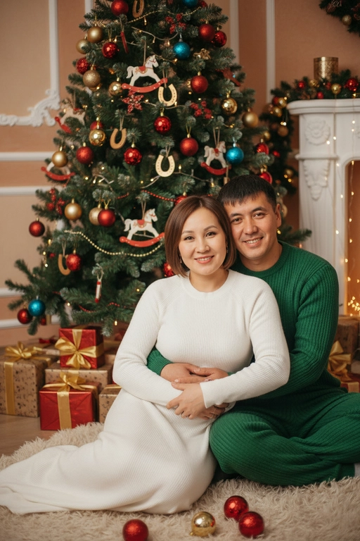 Используй предоставленные изображения и создай фото из домашней новогодней фотосессии. Не меняйте черты лица. . В кадре мужчина и женщина, они сидят на полу в обнимку, улыбаются и смотрят в камеру. Мужчина обнимает женщину сзади за талию. На женщине надето вязаное длинное платье с длинными рукавами. На мужчине вязаный свитера и штаны. На заднем плане стоит наряженная елка с игрушечными шарами, игрушечными лошадками, игрушечными подковами. Под елкой разложены подарочные коробки, перевязанные золотыми лентами. Рядом с парой лежат несколько елочных игрушек как на елке. Фотография выполнена в теплой цветовой гамме. Атмосфера уютная и праздничная. цвет платья девушки- белый, цвет свитера и штанов мужчины - зеленый