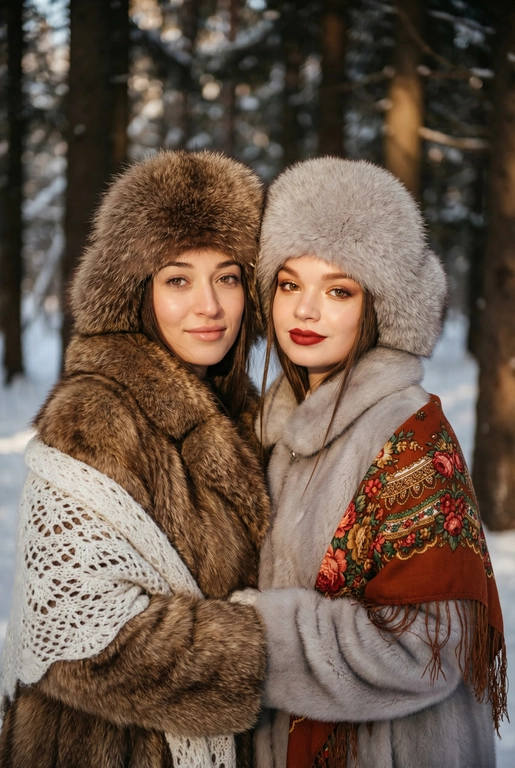 Создай кадр, который представляет собой теплый, уютный, слегка ностальгический зимний портрет в фэшн/фолк-стиле. Атмосфера спокойная, элегантная, дружеская близость двух моделей; сочетание высокой моды (мех, профессиональная ретушь) и фольклорной эстетики (вышитый шарф). Композиция и позирование: Форма кадра: портретный, вертикальный (соотношение примерно 3:4). Расположение: две женщины в центре кадра, тела и головы видны на груди; правая модель немного ближе к камере. Позы: девушки стоят близко друг к другу, левая модель слегка опирается на правую; плечи слегка повернуты к камере. Взаимодействие: мягкая улыбка, закрытое выражение лица, взгляд в камеру; дружелюбный, уверенный тон. Лица и макияж: Кожа: гладкая, естественная текстура, легкий эффект сияния. Глаза: аккуратные блики – оживляют взгляд; нейтральный/теплый макияж теней. Брови: естественная форма, слегка очерчены. Губы: у правой модели насыщенный матовый красный (центральный акцент), у левой – нежно-розовый нюдовый. Волосы: свободные пряди вокруг лица, несколько прядей с легкой волной для естественности. Шапки: большие пушистые меховые шапки с очень четко выраженной текстурой меха; справа – светло-серый мех, слева – коричневый мех. Форма: высокие, округлые, плотно сидят на голове, частично закрывают лоб – создают силуэт и рамку для лица. Верхняя одежда и текстуры: меховые пальто: густой натуральный мех у левой модели коричневый, у правой модели – светло-серый тон с видимым направлением волосков; богатая текстура и объем. У девушки справа на правом плече маленький платок с традиционным русским орнаментом – яркие цветы и листья, на фоне глубокого красного цвета с золотисто-терракотовыми, зелеными деталями; Тонкая бахрома ниспадает на ее плечо. У девушки слева на левом плече небольшой вязаный белый шарф с крупным ажурным узором, что добавляет контраста в текстуре и цвете. Окружение и фон: Лес: темные хвойные деревья, вертикальные силуэты стволов; снег на земле/вдали — размытый фон (боке).