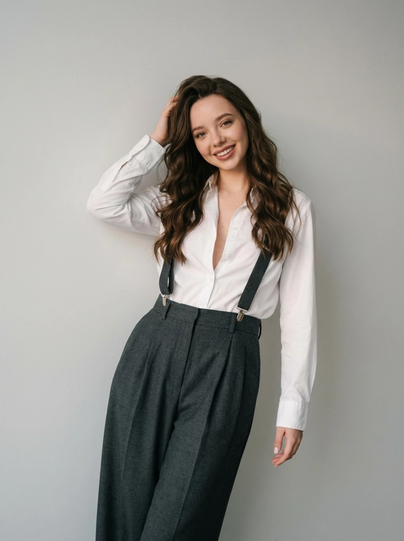 Создай крупный портрет, не меняя черты лица.Женщина небрежно прислоняется к стене, упираясь в нее спиной и плечами, слегка выдвигая бедра вперед, так что его тело образует плавный S-образный изгиб. Вес тела переносится на одну ногу, другая слегка согнута в колене. Одна рука свободно опущена вдоль тела, другая касается головы перекидывая волосы на одну сторону. Нежная улыбка. Ее поза расслабленная и непринужденная, таз наклонен вперед, что создает естественное покачивание позвоночника.
На женщине белая рубашка, пуговицы растегнуты. прямые широкие брюки из плотной темно-серой ткани . Подтяжки надеты на рубашку. Они имеют завышенную талию, двойные складки спереди. Волосы небрежные волны на волосах, слегка на один бок, прядка по лицу. Макияж безупречный, губы розово коричневые. Маникюр нюдовыц квадратный. 
Помещение представляет собой студию в однотонном светло-сером нейтральном стиле.Помещение представляет собой студию с простой светло-серой нейтральной стеной, без текстур или дополнительных объектов и без видимого пола.
Освещение мягкое, рассеянное и равномерное, предположительно от большого фронтального источника света или отражателя, создающего минимум теней с плавными переходами . Контраст низкий. Блики на коже приглушены. закатный свет, зернистость, обработка в стиле ретро . 
Снимок сделан 85-миллиметровым объективом, средняя глубина резкости, четкий фокус на лице и верхней части тела, немного размытая нижняя часть тела. Легкая зернистость пленки. Минималистичная студийная мужская фэшн-фотография в с высокой детализацией и фотореалистичностью.