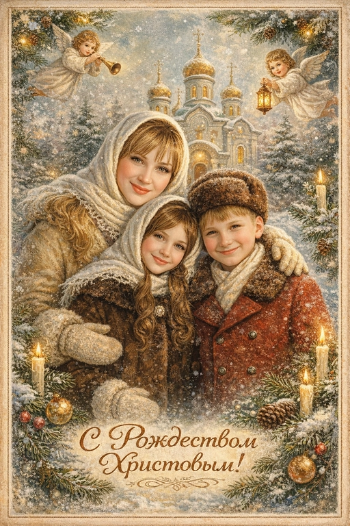 Создай винтажную рождественскую открытку со всеми людьми или одним человеком из предоставленных фотографий. Стиль - советские сказочные открытки 1950-1970-х годов, мягкая живописная иллюстрация, ощущение тепла и уюта. Композиция и формат: • Персонажи остаются в центре композиции • Фон - православная церковь, зимняя сказочная атмосфера Лица: • Лица сохранить максимально похожими на оригинальную фотографию (one-to-one likeness) • Без изменения черт лица, возраста и эмоций • Реалистичное сходство, аккуратная художественная стилизация без искажений. Одежда и образы: • Заменить современную одежду на старинную зимнюю советскую одежду. Если человек- женского пола , то добавь белый платок на голову. ⁠ Декор и детали:  • Хвойные ветки • ангелочки в сказочном стиле, церковные свечки • Лёгкий снег, морозные узоры Цвет и атмосфера: • Светлая, зимняя, мягкая цветовая палитра • Пастельные оттенки, эффект старой бумаги, легкое зерно • Сказочное, теплое новогоднее настроение  • Шрифт - изящный, рукописный, сказочный, в стиле советских открыток. Надпись: «С Рождеством Христовым»