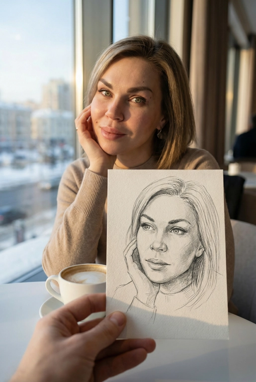 Используя загруженное эталонное фото этого человека, сохрани его черты лица, тон кожи, цвет и длину волос на 100% идентичными исходному изображению. Не меняй форму лица, индивидуальность, возраст или выражение. Сохрани реалистичную текстуру кожи и поры, избегая пластикового сглаживания или чрезмерной ретуши. Создай изображение человека с предоставленной фотографии, не изменяя его внешность и естественные особенности.
Снимок от первого лица: на переднем плане видна рука, держащая карандашный набросок портрета. На заднем плане, в легкой расфокусировке, сидит человек, по образу которого сделан этот рисунок. Композиция создает визуальный диалог между реальностью и искусством.
Человек на фоне смотрит в камеру с легкой, естественной улыбкой, подпирая щеку одной рукой и слегка наклонив голову. Макияж (если присутствует) естественный. На карандашном наброске изображено то же лицо, но с более спокойным, задумчивым и погруженным в себя выражением.
Человек на фоне одет в аккуратную, нейтральную повседневную одежду. На рисунке человек изображен в более свободном, художественном образе.
Сцена происходит в светлом, минималистичном дорогом кафе. Человек сидит за столом. На заднем плане видно большое окно с размытым городским зимним пейзажем. Перед человеком стоит керамическая белая кружка с капучино.
Золотой час. Яркий, но мягкий рассеянный дневной свет из бокового окна падает на лицо человека, создавая естественные блики и мягкие тени, подчеркивая уютную атмосферу.
Фотореалистичный стиль, имитация снимка на смартфон или цифровую камеру с портретным объективом. Малая глубина резкости (эффект боке): карандашный набросок в руке находится в идеальной резкости, а человек и фон — мягко размыты. Карандашный набросок должен выглядеть максимально реалистично, с видимой текстурой бумаги и штриховкой.