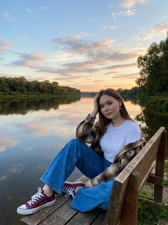 Портретная фотография на природе во время заката. Женщина сидит на деревянной скамейке со спинкой у берега спокойного водоема или реки. На заднем плане виден лесистый берег, а небо с облаками отражается в воде. Атмосфера кадра тихая, спокойная и умиротворенная. Цветовая гамма теплая и мягкая, с сочетанием голубых, розовых и оранжевых оттенков закатного неба.
На женщине белая футболка, голубые широкие оверсайз джинсы и бордовые кеды  Converse Chuck Taylor All Star OX с белыми шнурками. Поверх футболки накинут пиджак в клетку коричнево-бежевых тонов. Образ выглядит повседневно, естественно и расслабленно.
Поза непринужденная: женщина сидит на скамейке полулежа, слегка облокотившись на спинку. Одна рука поднята к голове, будто она поправляет волосы или просто касается виска в естественном жесте. Взгляд направлен прямо в камеру. Кадр передает ощущение уюта, тишины и вечернего покоя. Реалистичная фотография, мягкий естественный свет, живая атмосфера, натуральные цвета, спокойное lifestyle-настроение.