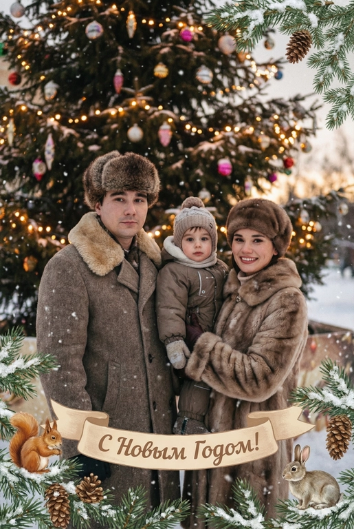   создай новогоднюю фотографию в стиле советского фильма: лица максимально похожи на исходное фото, на улице, в старой зимней одежде (пальто/шуба с меховым воротником, меховая шапки из ондатры или норки). Идёт снег. На фоне размытая украшенная советскими стеклянными игрушками ёлка с гирляндами и тёплыми огоньками. Внизу бежевая декоративная лента с надписью. Рамка по краям из еловых веток со снегом, добавить шишки, белочек и зайчиков. Атмосфера уюта и ностальгии, мягкие кистевые мазки, тонкая плёночная зернистость, мягкая глубина резкости. Надпись на ленте: "С Новым Годом!"