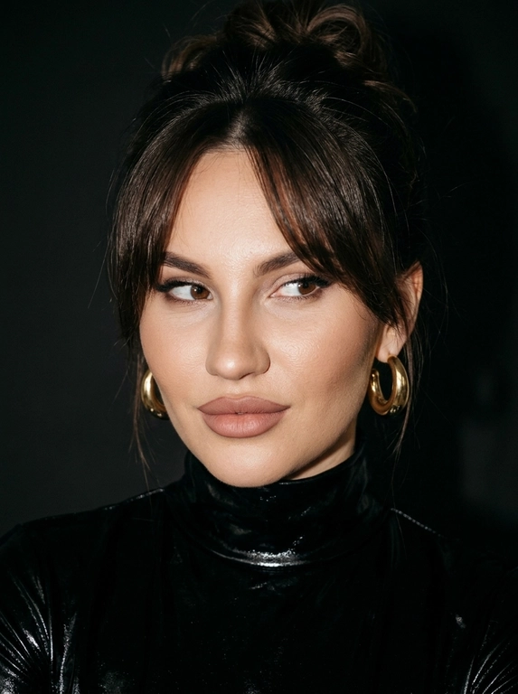 Сохранить внешность на 100%. Не менять черты лица. Как съёмка в 90-х. Локация: минималистичная студия, светлый фон. Модель: та же женщина (внешность не менять). Одежда: лаковый топ с горлом, руки открыты. Макияж: matte sculpted — контуринг, губы с карандашом, высокая детализация лица, видны поры. Кадр: низ-право — close-up, голова к плечу, игривый взгляд исподлобья, фокус на глазах и губах. Не менять лицо и цвет волос. Фото сделано на Canon G7X Mark III со вспышкой. Фото в цвете. Без фильтров. Вокруг темно. Высокая контрастность. В ушах — массивные золотые круглые серьги.


Какая будет прическа?: Волосы: 90s bombshell messy updo, объём у корней, curtain bangs.