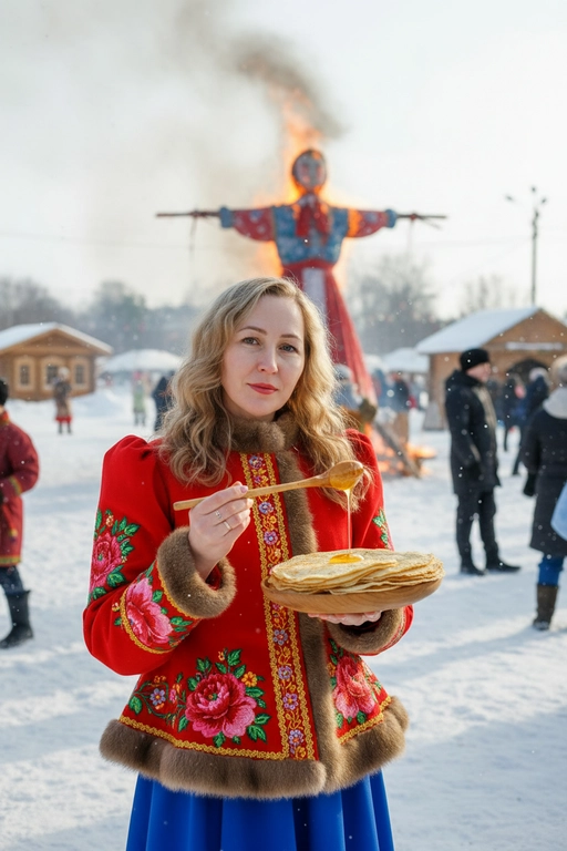 Ультрареалистичная документальная фотосъёмка, зима, традиционный праздник Масленица. Вертикальный формат 9:16, средний план, уровень глаз, лёгкий поворот корпуса, естественная осанка, прямой взгляд в камеру, спокойная уверенная мимика, мягкая неигровая улыбка; лицо на 100% идентично исходному референсу — полностью узнаваемо, без искажений и без изменения пропорций, черт и внешности; любые изменения лица запрещены, легкий морозный румянец.
Одежда: традиционный богатый русский праздничный костюм — красный приталенный кафтан с богатой цветочной вышивкой, меховая отделка, синяя юбка.
В руках деревянная тарелка с тонкими блинами и деревянная ложка с мёдом, момент поливания, тянущаяся капля в движении.
Фон: горящее чучело Масленицы, люди в народной зимней одежде, снег, деревянные постройки, живое пламя.
Естественный рассеянный дневной свет, реалистичные тени, точная цветопередача, умеренная глубина резкости. 8K, высокая фактурная детализация.

Не менять мою прическу