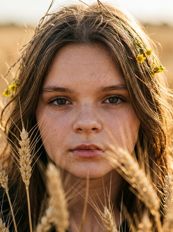 Максимально реалистичная фотография, атмосферный макро-портрет в пшеничном поле.
Кадр: экстремально крупный план лица. Женщина выглядывает сквозь густые золотистые колосья пшеницы, часть стеблей мягко перекрывает лицо. Взгляд прямо в объектив, глубокий и немного загадочный, губы слегка приоткрыты.
Макияж: естественный no-makeup look — натуральные брови, лёгкий румянец, чистая сияющая кожа, влажный блеск губ. Никакого заметного макияжа.
Волосы: естественно растрёпанные, отдельные пряди переплетаются с колосьями. В волосах несколько сухих травинок и маленьких жёлтых цветов.
Свет: мягкий тёплый золотой час, солнечные лучи подсвечивают кожу, волосы и тонкие ворсинки пшеницы, создавая золотистое свечение.
Фокус: объектив 100mm Macro, экстремально малая глубина резкости. В идеальном фокусе глаза, переносица и губы; передние колосья и дальний фон красиво размыты.
Детализация: натуральные поры, отдельные ресницы и волоски, реалистичная текстура колосьев и лепестков. Живая фотография, естественная цветопередача, лёгкая плёночная зернистость.
Атмосфера: нежная, природная, интимная и немного меланхоличная. Без пластиковой кожи, ретуши, HDR, CGI, искусственной резкости и AI-артефактов.