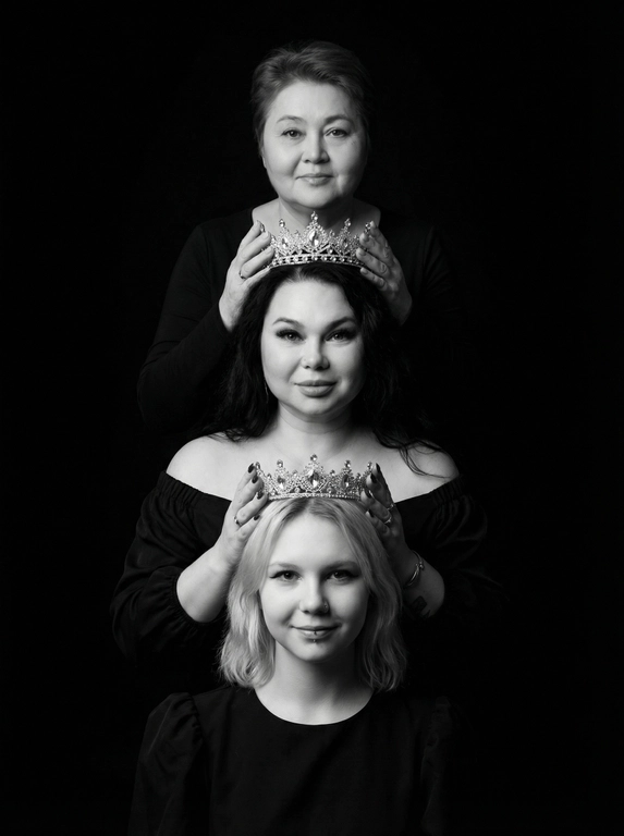 Это студийный портрет, выполненный в драматичном черно-белом стиле. Фон черный. В кадре три женщины разного возраста: две женщины и один ребёнок. Они расположены вертикально друг над другом, образуя «башню». Каждая женщина одета в темную одежду, у всех одежда разного стиля. Верхняя женщина в топе с длинными рукавами, у нее корона на голове . Следующая в платье с открытыми плечами. И ребёнок в платье с рукавами-фонариками.
У каждой на голове корона, которую предыдущая женщина держит руками. Все смотрят в камеру с нежным выражением лица, с лёгкой улыбкой Освещение мягкое, акцент сделан на лицах. Цветовая гамма монохромная, с преобладанием черного и серебристого (от корон). Атмосфера торжественная и немного загадочная. Не меняй черты лица, цвет волос и цвет глаз.

