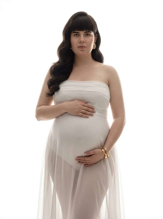 Ultra-realistic high-fashion maternity portrait, framed from knees up. Woman stands centered against a pure white seamless studio background. She wears a strapless sculptural white gown made of sheer layered chiffon and silk, tightly fitted over the pregnant belly and hips, flowing softly downward with translucent folds. The dress emphasizes the round belly clearly and elegantly.

Pose: body slightly angled, both hands gently resting on the belly, one above and one below. Gaze directed straight into the camera, calm, powerful, intimate. Posture upright and confident.

Jewelry minimal: bold gold earrings and a sculptural gold bracelet.

Lighting: high-key studio lighting from behind and slightly from the sides, creating a glowing halo effect around the silhouette, soft rim light outlining the body, gentle frontal fill to keep facial features clear. No harsh shadows, smooth tonal transitions, depth and volume preserved.

Skin looks real and natural with visible texture, no smoothing, no CGI. Editorial luxury maternity aesthetic, timeless, emotional, refined. No text, no logos, no watermark.

Причёска: Hair styled in large polished Hollywood waves with soft volume, falling elegantly over one shoulder.

Доп. характеристики: У женщины лицо худое