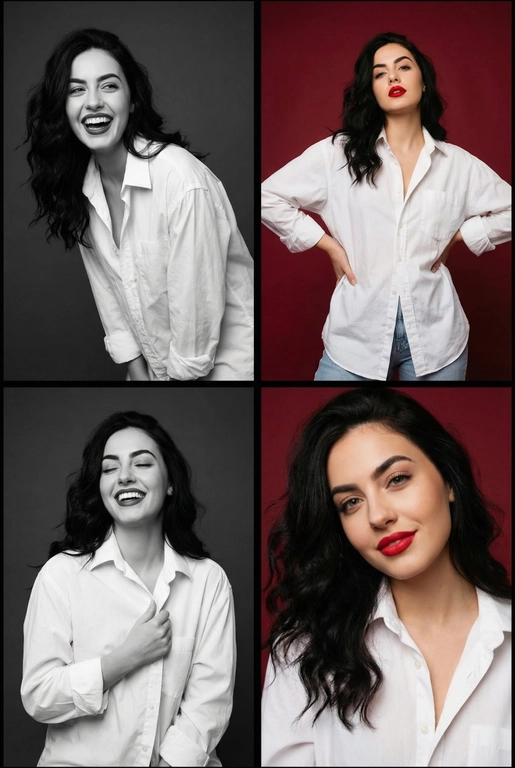 Коллаж из четырёх студийных портретов одной женщины, расположенных в сетке 2×2. Не меняй внешность, цвет и текстуру волос. Все кадры сняты в модном editorial-стиле. Образ — естественная красота, лёгкая небрежность, живые эмоции.
Женщина имеет естественный макияж с акцентом на красные губы. На ней белая очень свободная рубашка мужского кроя на несколько размеров больше, частично расстёгнутая, подчёркивающая линию декольте. В отдельных кадрах она слегка придерживает рубашку руками.
Эмоции и позы:
Верхний левый кадр — чёрно-белый, она наклоняется вперёд, смеётся, взгляд в сторону, живой момент.
Верхний правый — цветной, красный студийный фон, руки на бёдрах, уверенный фэшн-портрет. Снято с нижнего ракурса. Видно часть ее светлых джинс.
Нижний левый — чёрно-белый, она смеётся с закрытыми глазами, держит рубашку у груди, расслабленная поза.
Нижний правый — цветной, крупный портрет, легкая улыбка, слегка наклонила голову в сторону, тёплая улыбка, акцент на губах.
Фон: для цветных кадров — глубокий красный студийный фон, для чёрно-белых — нейтральный тёмный фон.
Освещение: мягкий студийный свет, подчёркивающий текстуру кожи, волосы и складки рубашки. Без жёстких теней.
Композиция: кадры слегка разные по ракурсу, создают ощущение живой съёмки backstage.
Стиль: fashion editorial, lifestyle, natural sexy, cinematic soft light, analog photo vibe, magazine photoshoot, ultra realistic, high detail, skin texture visible, 8k. Волосы распущены и уложены в объемную естественную укладку