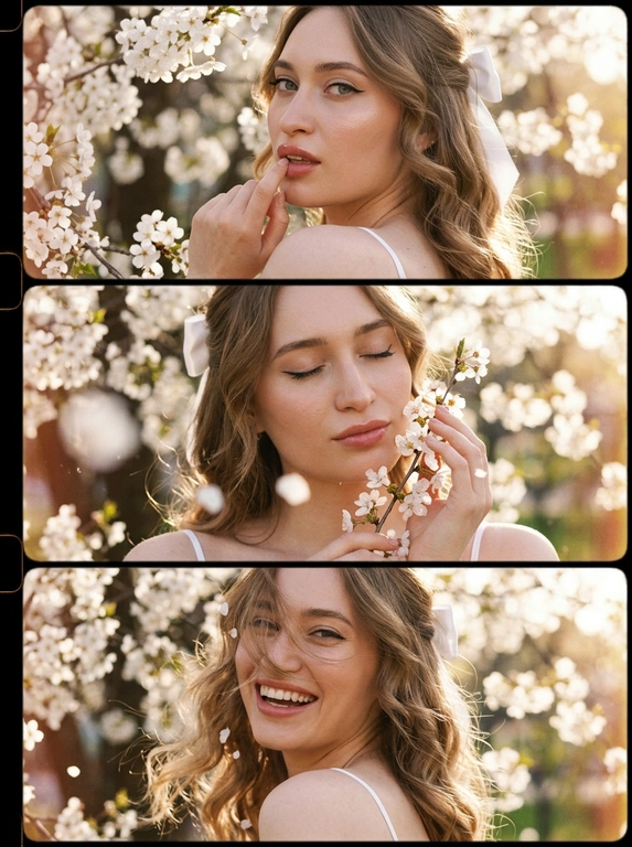 Создай  триптих из трёх кадров, расположенных под друг другом все кадры — крупный план (close-up portrait), единая стилистика и цветовая палитра. Весенняя атмосфера, цветущая черёмуха. Лицо освещено мягким боковым светом. Акцент на макияже глаз — изящные стрелки. Кожа светится естественным сиянием. Волосы мягко подсвечены контровым светом.
Макияж — свежий ретро-гламур: тонкая стрелка, аккуратно подчеркнутые ресницы, нежно-розовые губы с мягким блеском, лёгкий румянец.  Одежда - видны фрагменты белого верха на тонких бретельках.
Кадр 1 (верхний)
Экстремально крупный план лица со спины.  Она стоит спиной к камере, голова повернута в сторону плеча, палец касается губ под ветвями цветущей черёмухи. Нежные белые соцветия обрамляют лицо.
Кадр 2 (средний)
Крупный план, она закрывает глаза и слегка касается ветки черёмухи у щеки. Лепестки частично в фокусе на переднем плане.
Кадр 3 (нижний)
Крупный портрет в движении — лёгкий поворот головы, волосы развеваются от ветра падая на лицо и скрывая его часть, несколько лепестков черемухи в воздухе и в волосах, корпус наклонен к камере она смеется.
Стиль и обработка всех кадров:
Сцена имеет эстетику винтажного фильма с мелким зерном. 
все три фото фото залито солнечным светом, сильное плёночное зерно, тёплая винтажная цветокоррекция, лёгкая засветка по краям кадра, высокая детализация кожи, естественная текстура, гармоничная композиция триптиха.

Прическа:: Мягкие объёмные волны в стиле 70-х, естественный прикорневой объём, часть волос собрана сзади атласной белой лентой завязанной на бантик, два локона спереди обрамляют лицо.