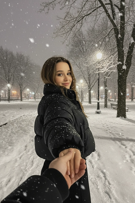 Создай на этом фото романтический и слегка меланхоличный момент, снятый от первого лица (POV) ночью, на фоне зимнего городского парка.
В центре кадра — девушка. Её лицо полностью открыто и хорошо видно. Девушка держит парня за руку и резко оборачивается через плечо, мило улыбается Взгляд направлен прямо в камеру
Одежда и детали:
На девушке объёмная укороченная чёрная куртка, выглядящая тёплой, уютной и современной, идеально подходящей для зимней ночной прогулки.
Взаимодействие:
На переднем плане видна рука парня — это рука человека, который делает снимок. Их пальцы переплетены, что создаёт классический сюжет «follow me» (следуй за мной) и подчёркивает близость пары. Рука парня одета в чёрную куртку с ребристыми манжетами.
Окружающая обстановка:
• Место: ночной заснеженный городской парк
• Пейзаж: справа — деревья, густо покрытые снегом, и уличные фонари с мягким тёплым светом
• Атмосфера: зимняя эстетика — прохладное, немного грустное, но очень уютное настроение. В воздухе видны крупные хлопья падающего снега, создающие ощущение движения и глубины кадра.
Общее впечатление:
Фотография передаёт момент прогулки, наполненной движением, ветром и эмоциональной близостью. Кадр выглядит как стоп-кадр из лайфстайл-блога или короткого видео для Reels/TikTok, где романтичное начало создаёт интригу и ощущение неожиданного поворота.