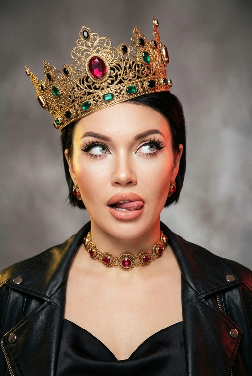 Создай фото -детальное описание художественного портрета девушки, выполненного в популярной современной эстетике, сочетающей элементы «е-qirl» и стиля «rebellious royalty» (бунтарская королевская особа).
:Центральный образ и внешность:
• Лицо и поза: Девушка позирует в дерзкой и провокационной манере.
Её глаза закатаны (или направлены сильно в сторону и вверх), а кончик языка слегка высунут. Это создает образ, сочетающий в себе игривость, бунт и некоторую отрешенность.
Элегантный макияж глаза с длинными острыми черными стрелками, длинные густые ресницы эффект лучики, нижние ресницы накрашены, хайлайтер во внутренних уголках и скулах.
Пухлые полностью прокрашенные телесной матовые губы слегка приоткрыты легкий блеск и светло-коричневый карандаш по краям. персиково-розового оттенка.
Не меняй мою прическу. 
Корона: На голове массивная высокая корона в винтажном стиле. Она украшена сложным филигранным узором и крупными драгоценными камнями: по центру расположен большой квадратный красный камень (рубин), по бокам - камни зеленого (изумруд) и черного цветов. Корона сидит немного небрежно, подчеркивая неформальность образа.
Ожерелья:
На шее надет чокер, выполненный в одном стиле с короной - цепочка с круглыми красными камнями в оправе. В ушах серьги по такому же типо как корона •
Фон: Нейтральный, дымчато-серый или слегка туманный. Он лишен деталей, что позволяет полностью сфокусировать внимание на ярких аксессуарах и лице модели.
Освещение и обработка: Свет мягкий, рассеянный. Фотография имеет характерную обработку с эффектом «зернистости» (пленочное зерно), что придает ей винтажный и художественный вид.
Цветовая гамма теплая, с акцентом на золото и красный цвет.
Общее впечатление:
Снимок транслирует идею современной интерпретации власти и красоты. Это противопоставление классического символа величия (короны) и современного неформального поведения.
Образ выглядит стильно и кинематографично и запоминающе, сильная вспышка. Корона цвета золота.