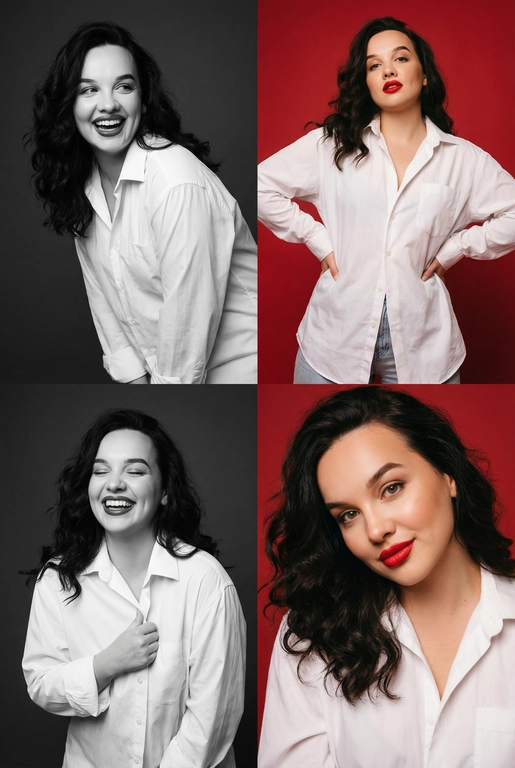 Коллаж из четырёх студийных портретов одной женщины, расположенных в сетке 2×2. Не меняй внешность, цвет и текстуру волос. Все кадры сняты в модном editorial-стиле. Образ — естественная красота, лёгкая небрежность, живые эмоции.
Женщина имеет естественный макияж с акцентом на красные губы. На ней белая очень свободная рубашка мужского кроя на несколько размеров больше, частично расстёгнутая, подчёркивающая линию декольте. В отдельных кадрах она слегка придерживает рубашку руками.
Эмоции и позы:
Верхний левый кадр — чёрно-белый, она наклоняется вперёд, смеётся, взгляд в сторону, живой момент.
Верхний правый — цветной, красный студийный фон, руки на бёдрах, уверенный фэшн-портрет. Снято с нижнего ракурса. Видно часть ее светлых джинс.
Нижний левый — чёрно-белый, она смеётся с закрытыми глазами, держит рубашку у груди, расслабленная поза.
Нижний правый — цветной, крупный портрет, легкая улыбка, слегка наклонила голову в сторону, тёплая улыбка, акцент на губах.
Фон: для цветных кадров — глубокий красный студийный фон, для чёрно-белых — нейтральный тёмный фон.
Освещение: мягкий студийный свет, подчёркивающий текстуру кожи, волосы и складки рубашки. Без жёстких теней.
Композиция: кадры слегка разные по ракурсу, создают ощущение живой съёмки backstage.
Стиль: fashion editorial, lifestyle, natural sexy, cinematic soft light, analog photo vibe, magazine photoshoot, ultra realistic, high detail, skin texture visible, 8k. Волосы распущены и уложены в объемную естественную укладку