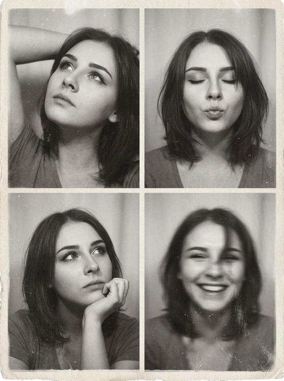 Photorealistic black-and-white vintage photobooth collage made of four frames in a 2x2 grid, separated by thin black dividers and surrounded by a slightly uneven paper border. Each frame shows the same woman in an intimate studio/photobooth setting against a plain light backdrop, captured with an authentic analog look: heavy film grain, soft contrast, halation, dusty scan artifacts, subtle scratches, and mild vignetting. Overall feel: 1990s/ early-2000s editorial photobooth print, raw and unretouched, candid "caught-between-moments" mood.
Use the uploaded photo as the basis and preserve the woman's face, makeup, likeness, and all original features without changing proportions or shape; keep natural facial micro-detail, pores, and subtle asymmetry, preserve the original head size.
Frame 1 (top-left): tight close-up, head tilted up and to the left, eyes looking upward, one arm raised behind the head, dreamy
Frame 2 (top-right): medium close-up, eyes closed, head slightly tilted, she subtly pushes/pouts her lips forward to show them (soft pout), calm playful mood; hair framing the face.
Frame 3 (bottom-left): medium close-up, seated with knees softly out of focus at the bottom, chin resting on one hand, gaze looking up to the right, thoughtful expression.
Frame 4 (bottom-right): medium close-up, the woman is laughing, but the frame is strongly blurred-heavy motion blur/defocus as if she moved during the shot; smile and face still recognizable, edges smeared, hair and hands noticeably streaked, imperfect photobooth misfire energy.
Print/scan look: monochrome with warm gray tones, slightly faded blacks, uneven exposure between frames, faint light leaks, paper texture visible, edges not perfectly straight, like a scanned photobooth print. High resolution, but intentionally imperfect, analog realism.