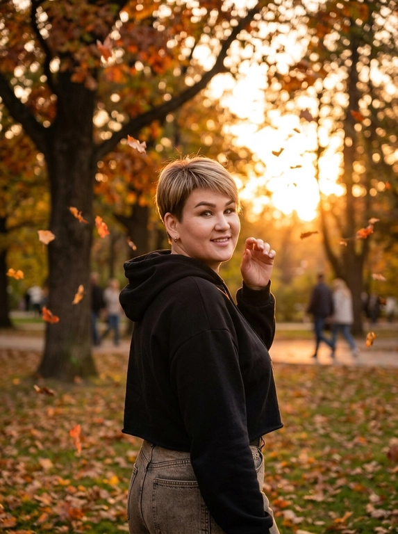Фотореалистичная lifestyle-фотография женщины на улице в парке в осенний сезон. На заднем плане крепкие деревья, с которых уже начинает осыпаться листва. На горизонте мягкое яркое сияние рассвета или заката, создающее тёплую атмосферу и красивую естественную подсветку.

Стиль фотографии — модный уличный кадр с эффектом живой фотосессии, снятой на естественном свете. Основная палитра строится на тёплых оттенках закатного неба, осенней листвы и контрасте тёмной одежды. Атмосфера спокойная, лёгкая и немного мечтательная.

Женщина стоит в пол-оборота к камере, корпус слегка развёрнут в сторону, голова повернута назад через плечо. Она смотрит в камеру с лёгкой мягкой улыбкой. Одна рука слегка приподнята и находится рядом с лицом, поза выглядит естественной, расслабленной и непринуждённой, без ощущения постановки.

Волосы слегка развеваются от воздуха.

На женщине  Свободный чёрный укороченный худи с капюшоном, который мягко прикрывает часть шеи и плеч. Образ casual, простой, расслабленный и стильный, хорошо контрастирует с тёплым осенним светом.

Кадр снят немного дальше: женщина показана примерно до верхней части бёдер, чуть ниже линии ягодиц, чтобы лучше читались поза и силуэт. Композиция сохраняет акцент на лице, выражении и атмосфере, но даёт больше воздуха и пространства вокруг.

Освещение полностью естественное, мягкое и тёплое, с деликатным свечением от заката или рассвета. Фотография выглядит как дорогой, но живой кадр для Pinterest или социальных сетей: реалистичная текстура кожи и ткани, без глянцевой ретуши, без эффекта пластика, без ИИ-сглаживания.