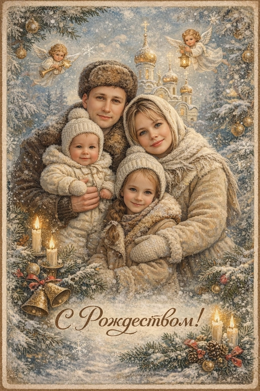 Создай винтажную рождественскую открытку со всеми людьми или одним человеком из предоставленных фотографий. Стиль - советские сказочные открытки 1950-1970-х годов, мягкая живописная иллюстрация, ощущение тепла и уюта. Композиция и формат: • Персонажи остаются в центре композиции • Фон - православная церковь, зимняя сказочная атмосфера Лица: • Лица сохранить максимально похожими на оригинальную фотографию (one-to-one likeness) • Без изменения черт лица, возраста и эмоций • Реалистичное сходство, аккуратная художественная стилизация без искажений. Одежда и образы: • Заменить современную одежду на старинную зимнюю советскую одежду. Если человек- женского пола , то добавь белый платок на голову. ⁠ Декор и детали:  • Хвойные ветки • ангелочки в сказочном стиле, церковные свечки • Лёгкий снег, морозные узоры Цвет и атмосфера: • Светлая, зимняя, мягкая цветовая палитра • Пастельные оттенки, эффект старой бумаги, легкое зерно • Сказочное, теплое новогоднее настроение  • Шрифт - изящный, рукописный, сказочный, в стиле советских открыток. Надпись: «С Рождеством!»